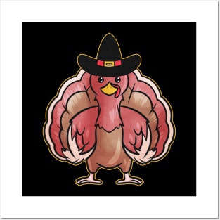 Kawaii Comic Turkey with Pilgrims Hat on Thanksgiving Posters and Art